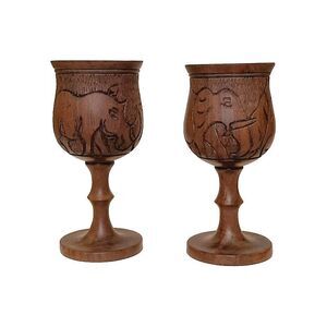 Vintage Hand Carved African Wood Wine Goblet Bowl w/Rhino & Elephant Made MALAWI